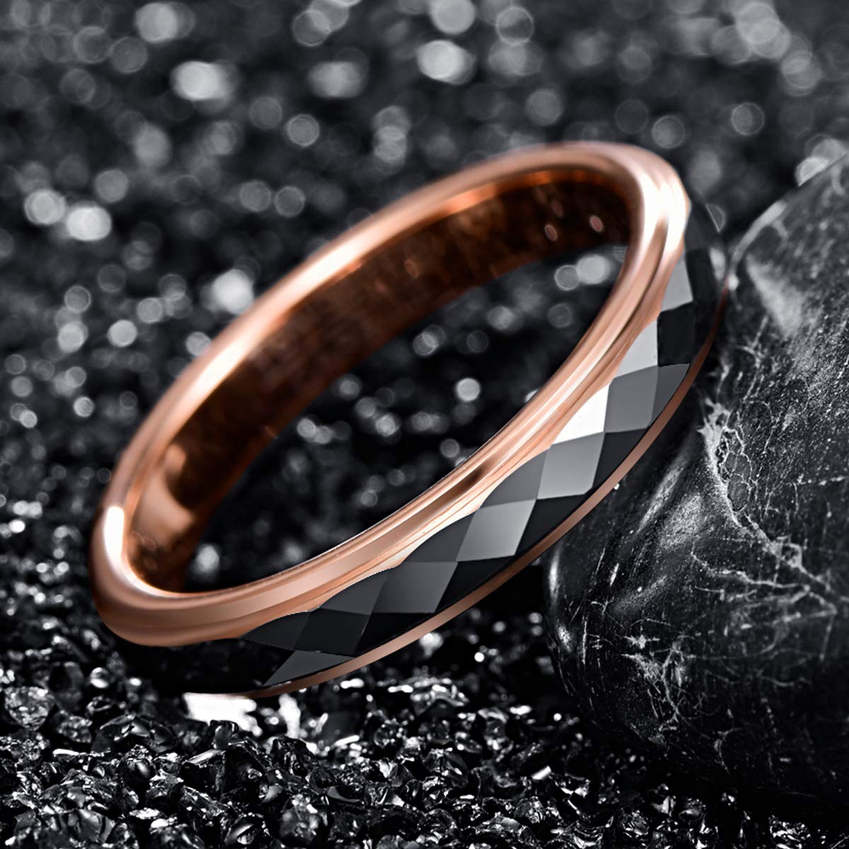 TUNGSTORY 4mm Women's Tungsten Wedding Ring Faceted Finish Rose Gold Plated Comfort Fit Size 5-10