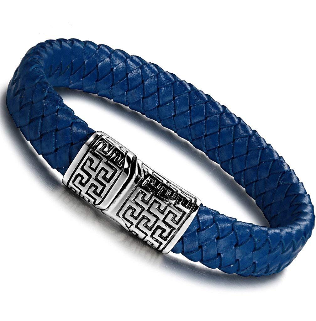 FIBO STEEL Stainless Steel Magnetic Clasp Braided Leather Bracelet for Men Cuff Bracelet 7.5-8.5 inches