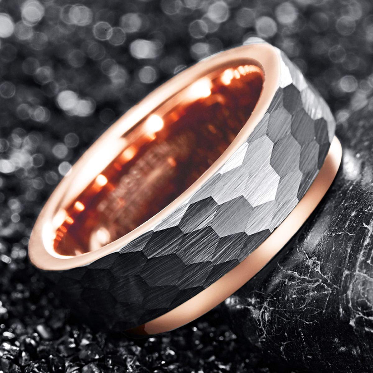 TUNGSTORY 8mm Tungsten Wedding Band Ring Hammered Faceted Brushed Finish Rose Gold Plated Step Edge Size 7-12