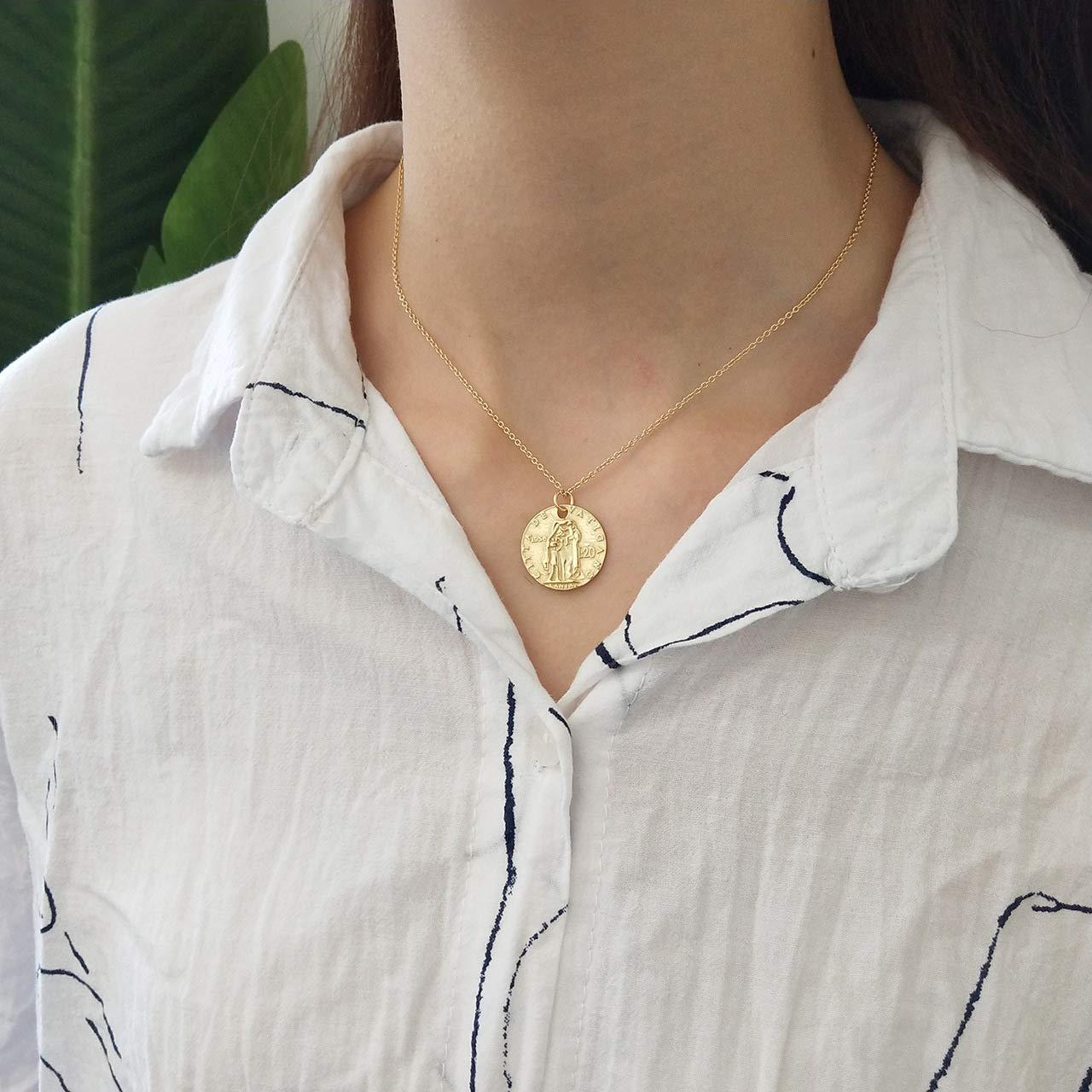 VACRONA Gold Coin Pendant Necklaces,18K Gold Filled Circle Engraved Vintage Disc Special Coin Dainty Handmade Necklaces for Women