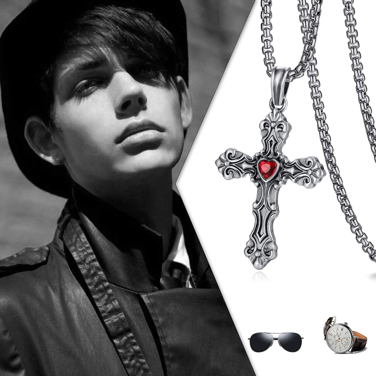 EVBEA Celtic Cross Necklace for Men Viking Irish Knot Serenity Prayer Pendant Crucifix Mens Jewelry with Black Genuine Leather Cord Chain Curb Link