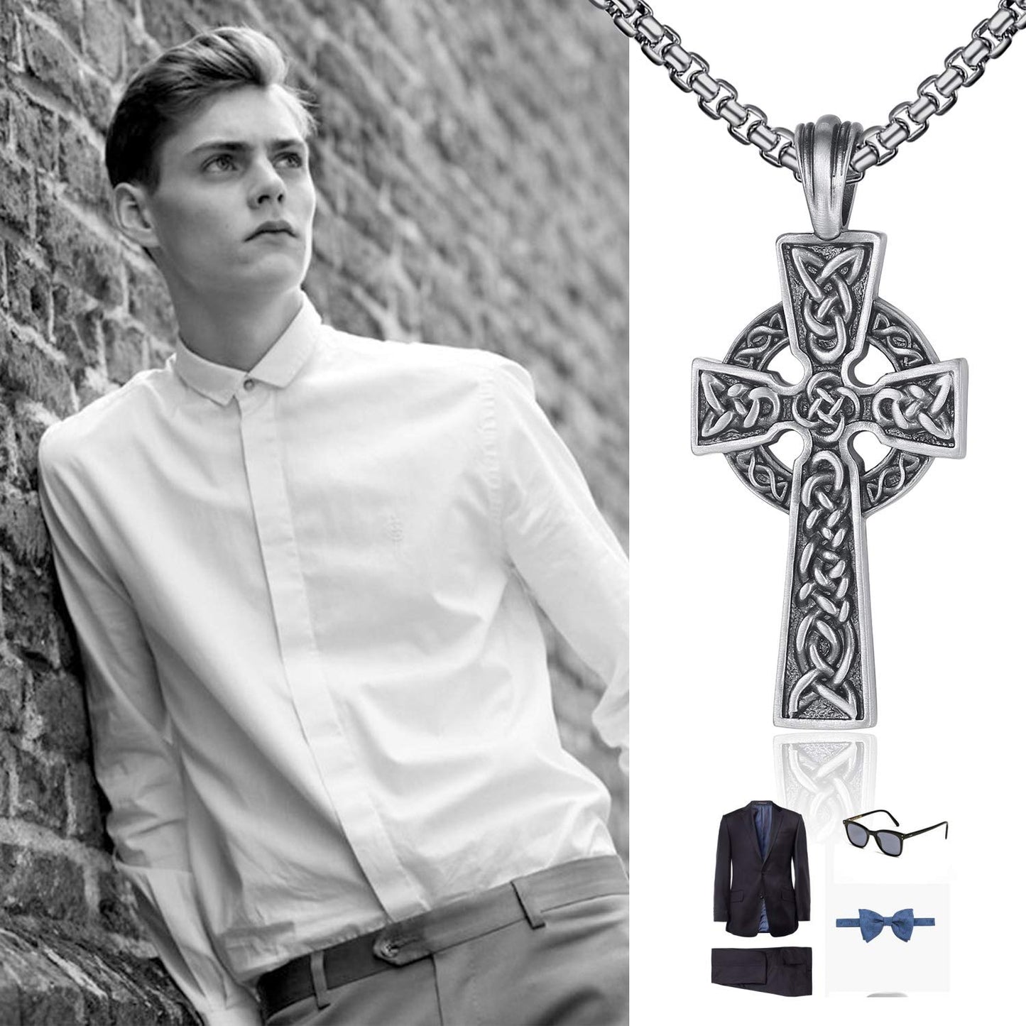 EVBEA Celtic Cross Necklace for Men Viking Irish Knot Serenity Prayer Pendant Crucifix Mens Jewelry with Black Genuine Leather Cord Chain Curb Link