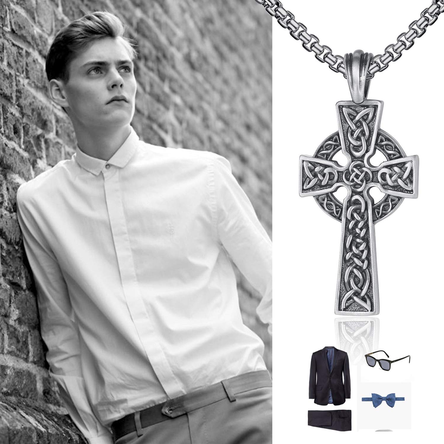EVBEA Celtic Cross Necklace for Men Viking Irish Knot Serenity Prayer Pendant Crucifix Mens Jewelry with Black Genuine Leather Cord Chain Curb Link