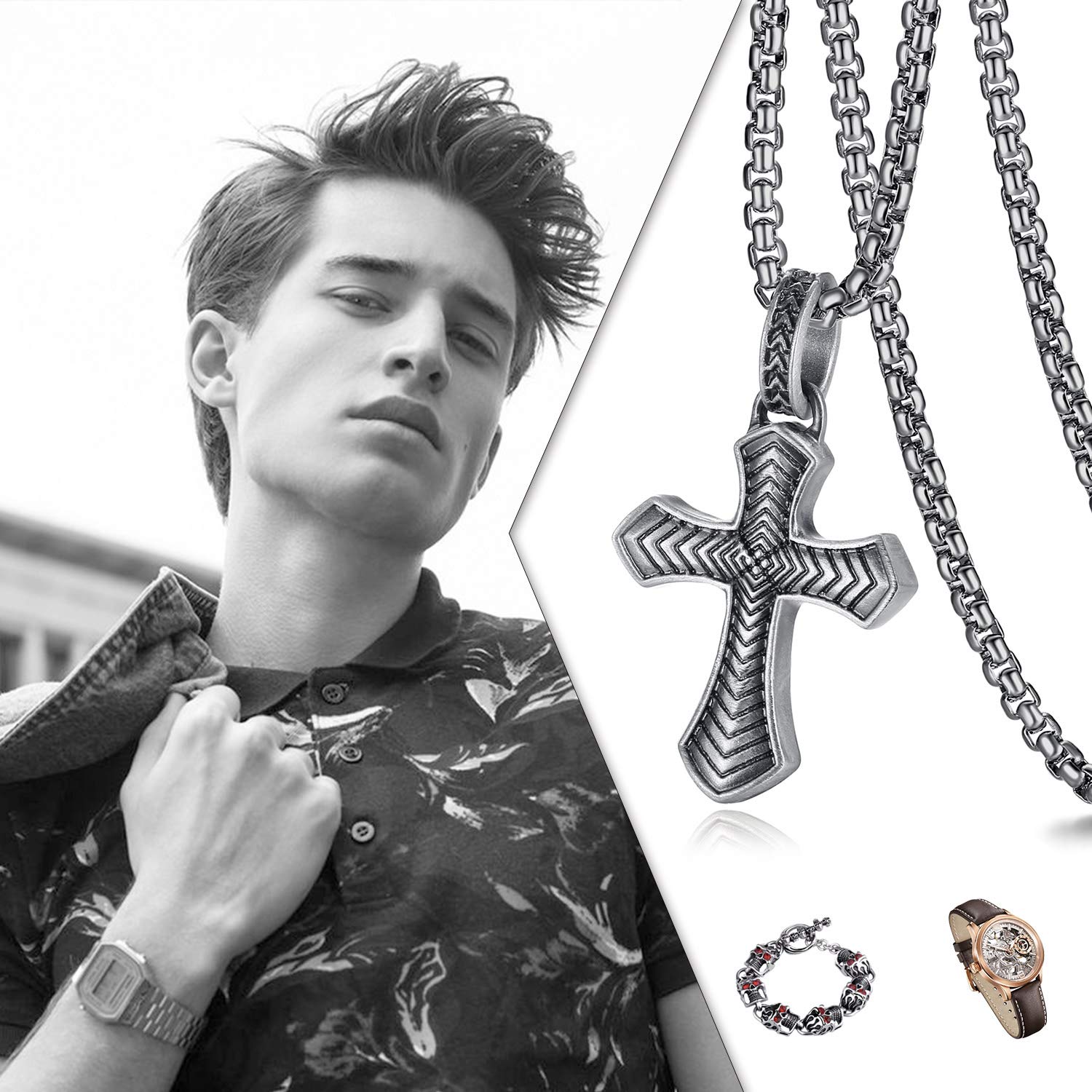 EVBEA Celtic Cross Necklace for Men Viking Irish Knot Serenity Prayer Pendant Crucifix Mens Jewelry with Black Genuine Leather Cord Chain Curb Link