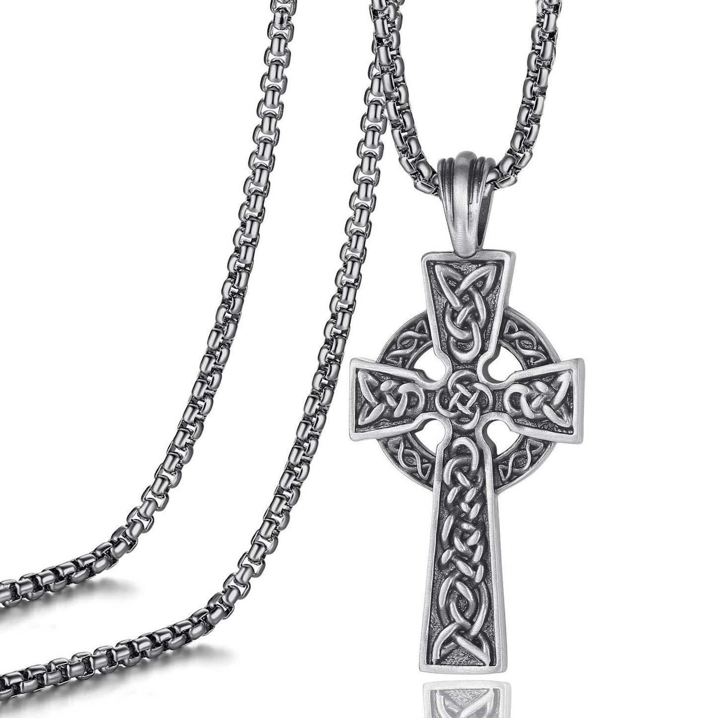 EVBEA Celtic Cross Necklace for Men Viking Irish Knot Serenity Prayer Pendant Crucifix Mens Jewelry with Black Genuine Leather Cord Chain Curb Link