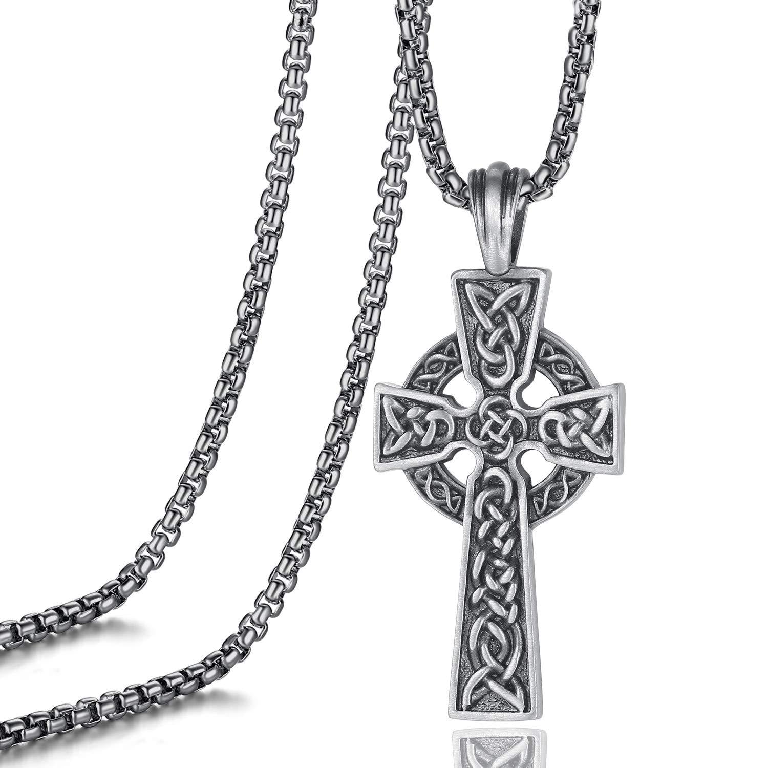EVBEA Celtic Cross Necklace for Men Viking Irish Knot Serenity Prayer Pendant Crucifix Mens Jewelry with Black Genuine Leather Cord Chain Curb Link