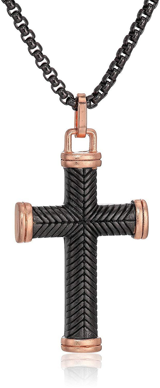 Steve Madden Mens Two-Tone Textured Cross Necklace with 18" Box Chain