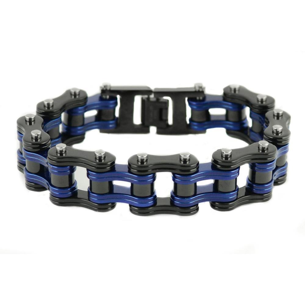 Two Tone Black Blue Police Special 3/4" Wide Double Link DesignUnisex Stainless Steel Motorcycle Chain Bracelet