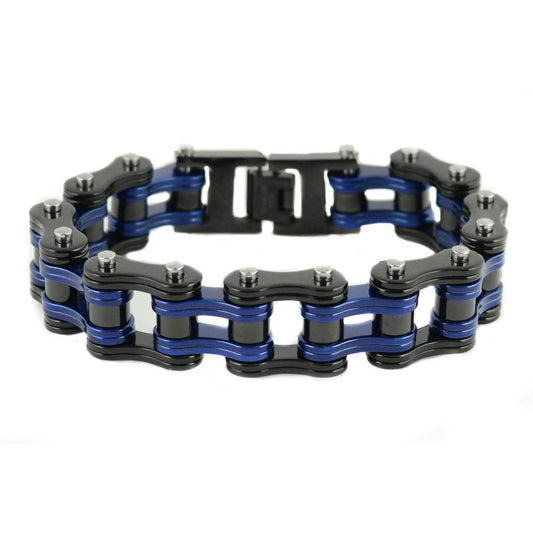 Two Tone Black Blue Police Special 3/4" Wide Double Link DesignUnisex Stainless Steel Motorcycle Chain Bracelet