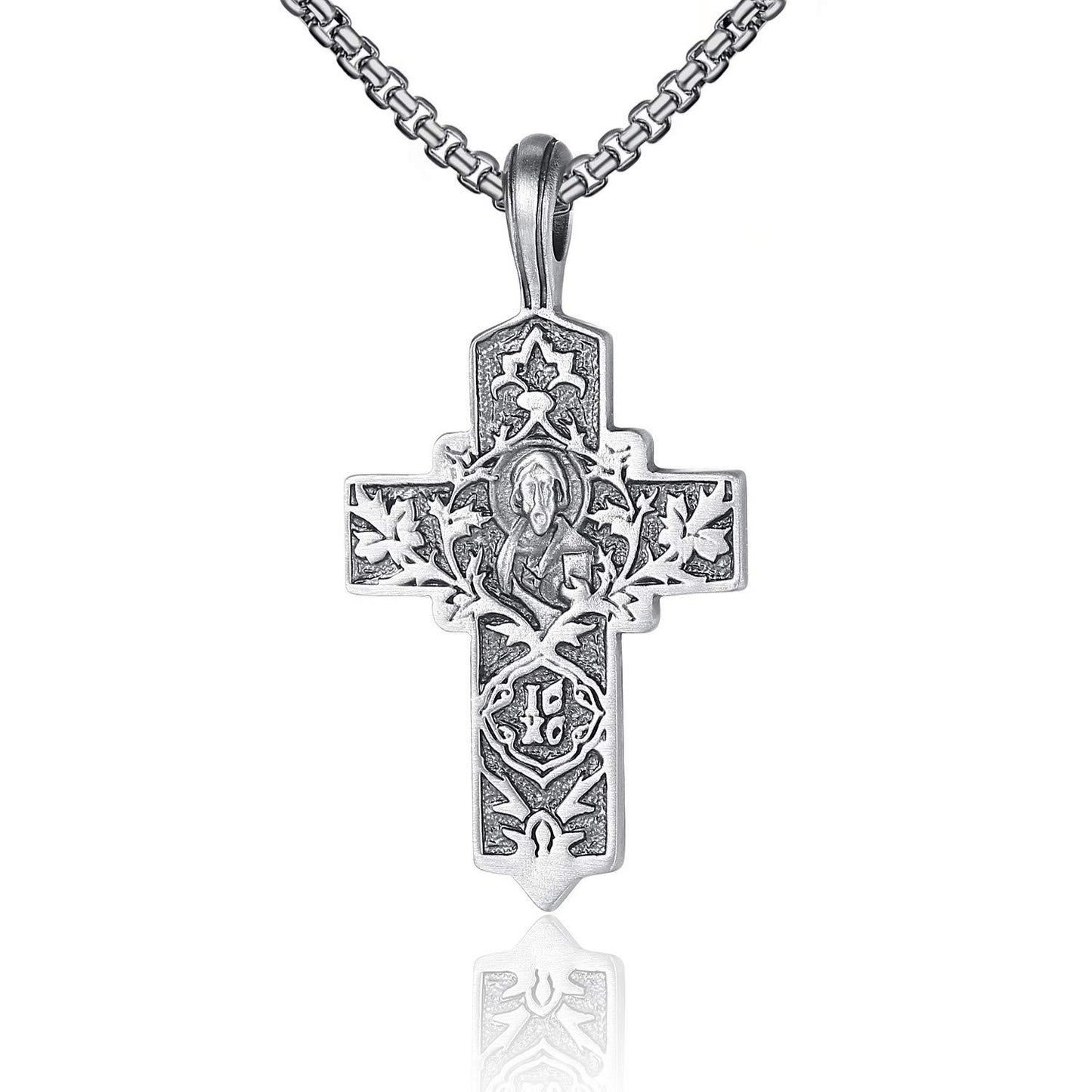 EVBEA Celtic Cross Necklace for Men Viking Irish Knot Serenity Prayer Pendant Crucifix Mens Jewelry with Black Genuine Leather Cord Chain Curb Link
