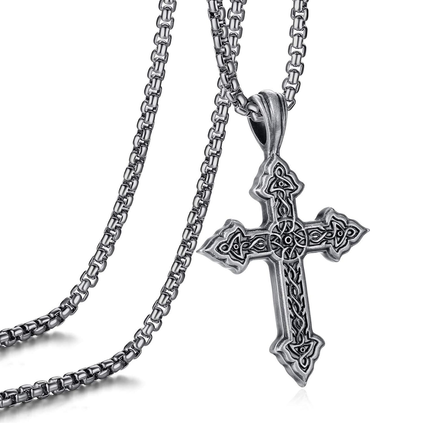 EVBEA Celtic Cross Necklace for Men Viking Irish Knot Serenity Prayer Pendant Crucifix Mens Jewelry with Black Genuine Leather Cord Chain Curb Link