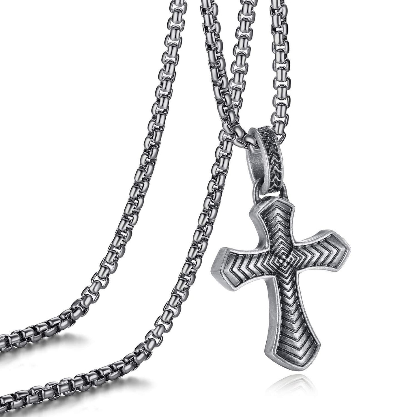 EVBEA Celtic Cross Necklace for Men Viking Irish Knot Serenity Prayer Pendant Crucifix Mens Jewelry with Black Genuine Leather Cord Chain Curb Link