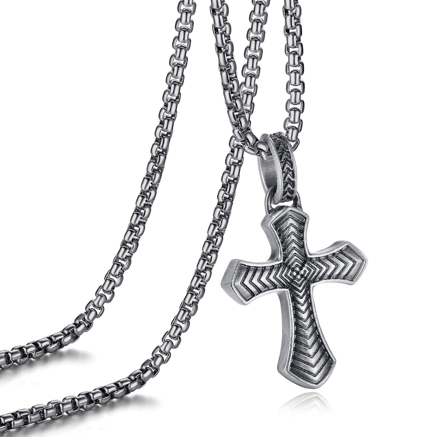 EVBEA Celtic Cross Necklace for Men Viking Irish Knot Serenity Prayer Pendant Crucifix Mens Jewelry with Black Genuine Leather Cord Chain Curb Link