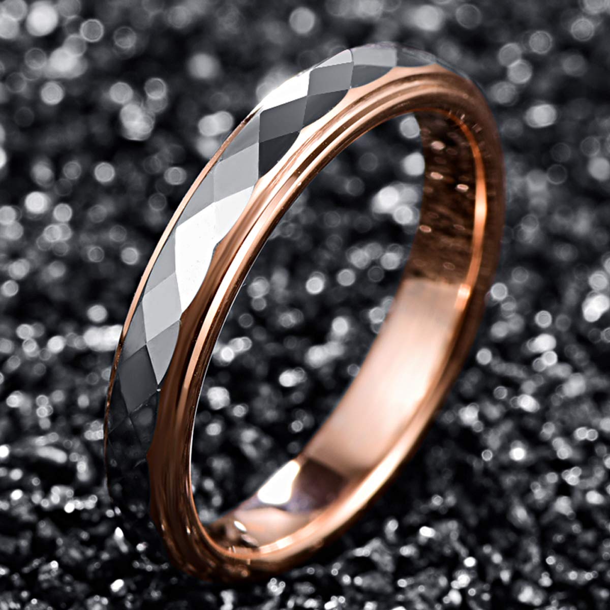 TUNGSTORY 4mm Women's Tungsten Wedding Ring Faceted Finish Rose Gold Plated Comfort Fit Size 5-10