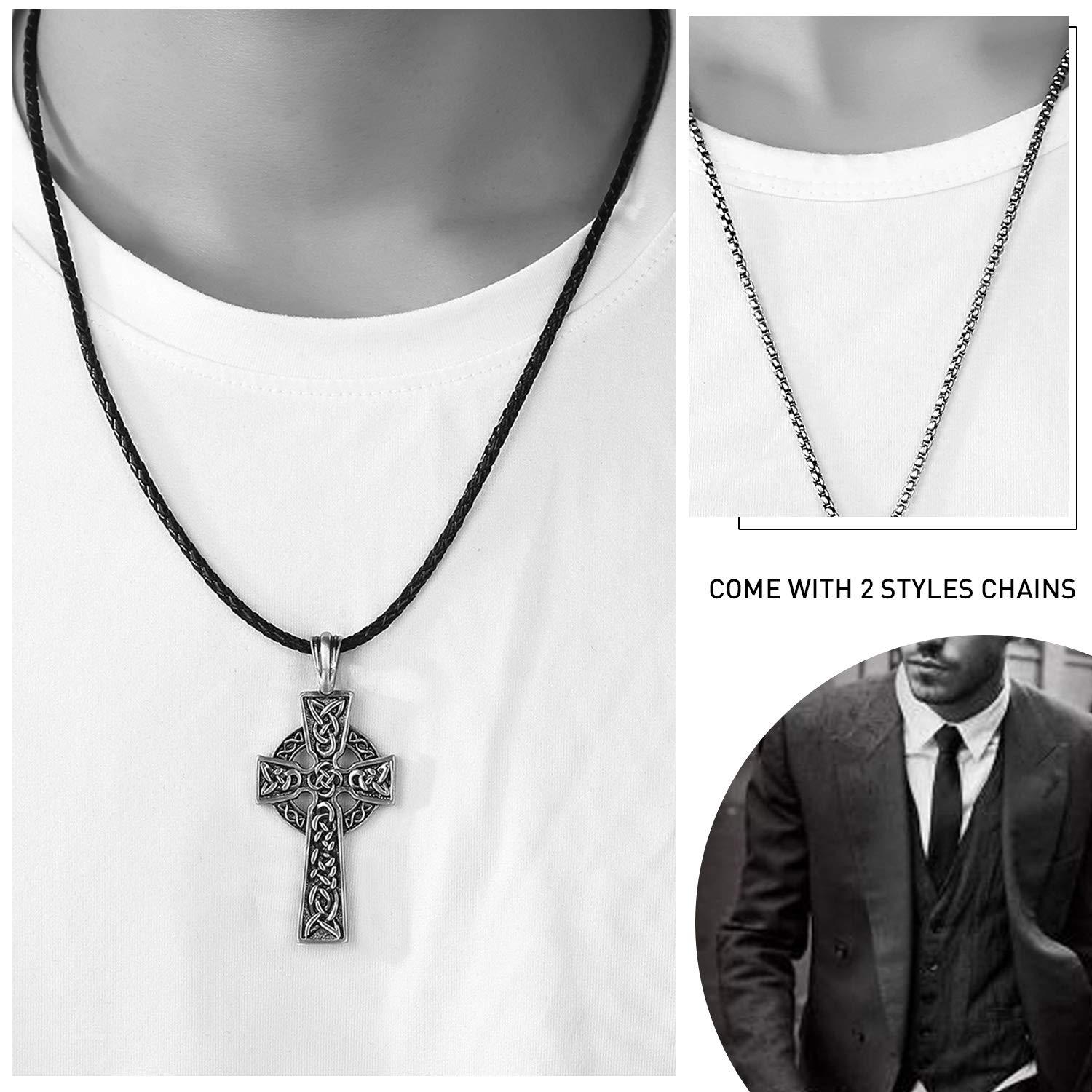 EVBEA Celtic Cross Necklace for Men Viking Irish Knot Serenity Prayer Pendant Crucifix Mens Jewelry with Black Genuine Leather Cord Chain Curb Link