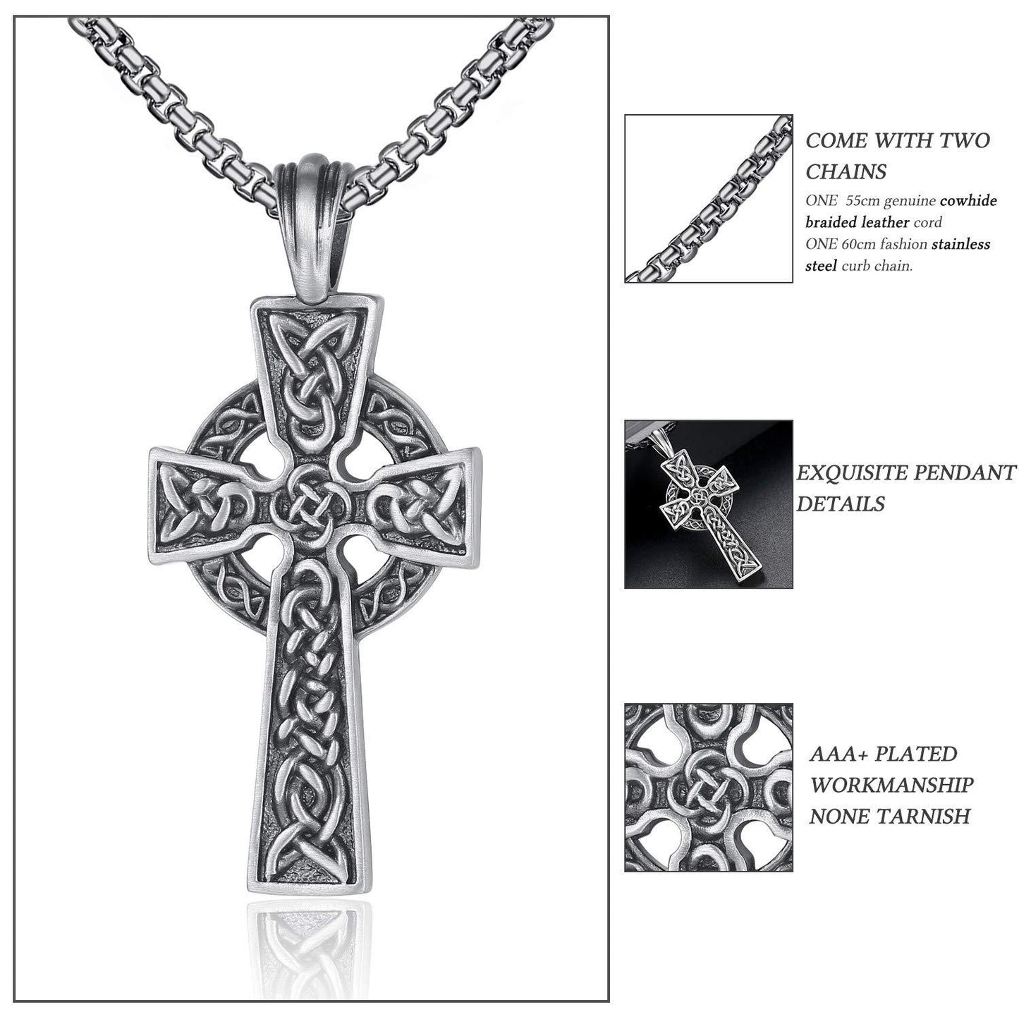 EVBEA Celtic Cross Necklace for Men Viking Irish Knot Serenity Prayer Pendant Crucifix Mens Jewelry with Black Genuine Leather Cord Chain Curb Link