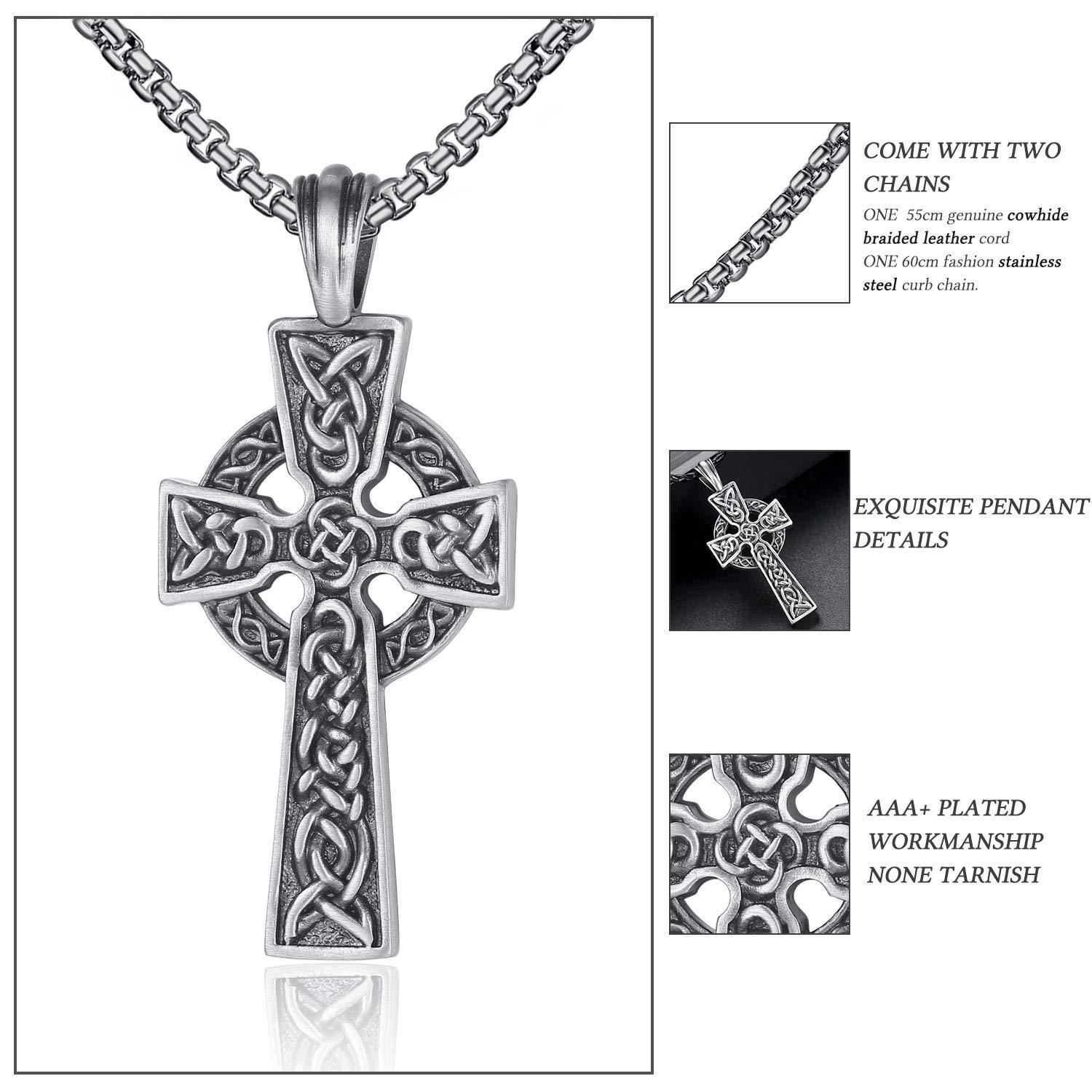EVBEA Celtic Cross Necklace for Men Viking Irish Knot Serenity Prayer Pendant Crucifix Mens Jewelry with Black Genuine Leather Cord Chain Curb Link