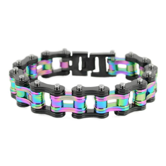 Two Tone Black Rainbow 3/4" Wide Double Link Design  Stainless Steel Motorcycle Chain Bracelet