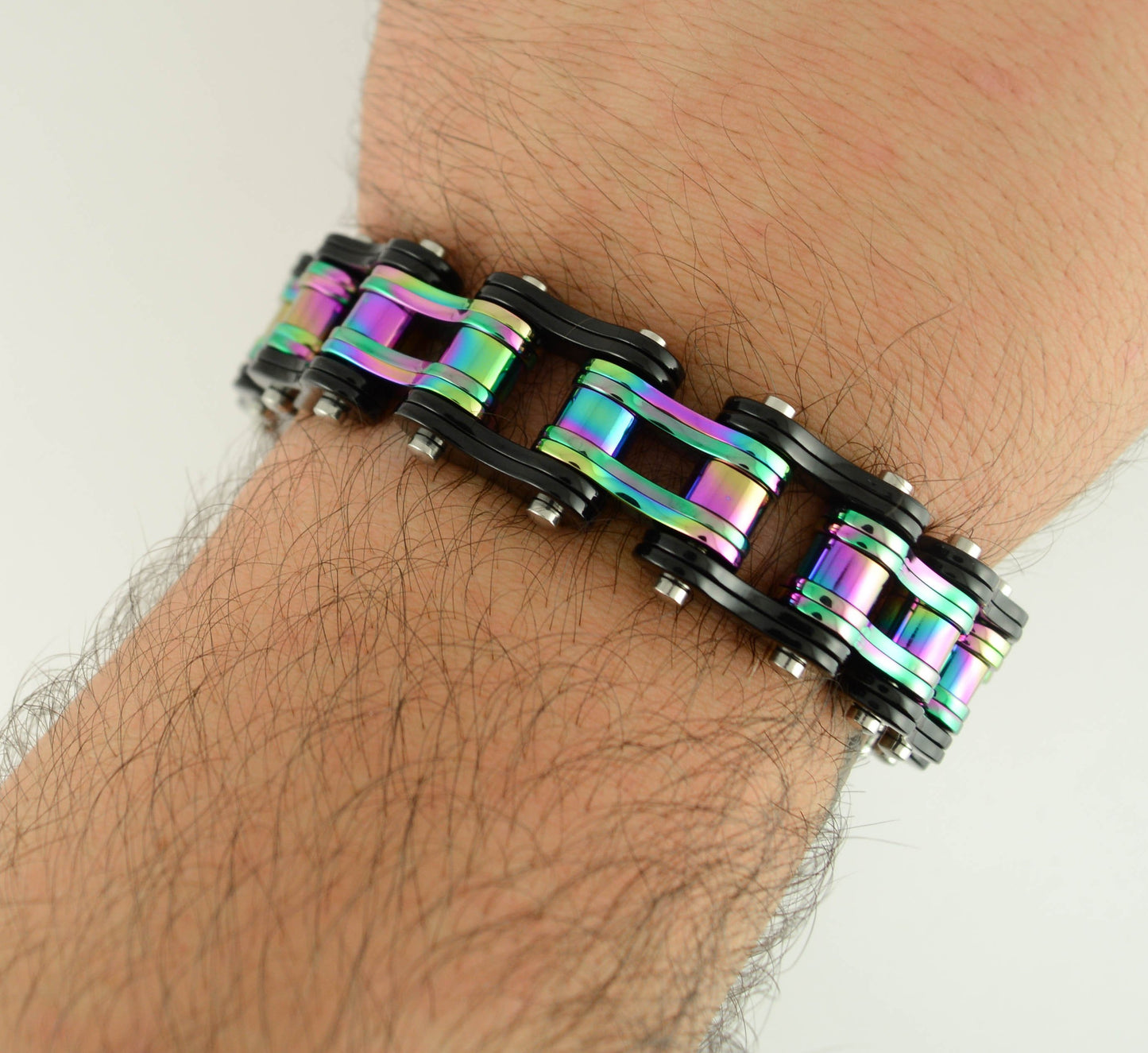 Two Tone Black Rainbow 3/4" Wide Double Link Design  Stainless Steel Motorcycle Chain Bracelet
