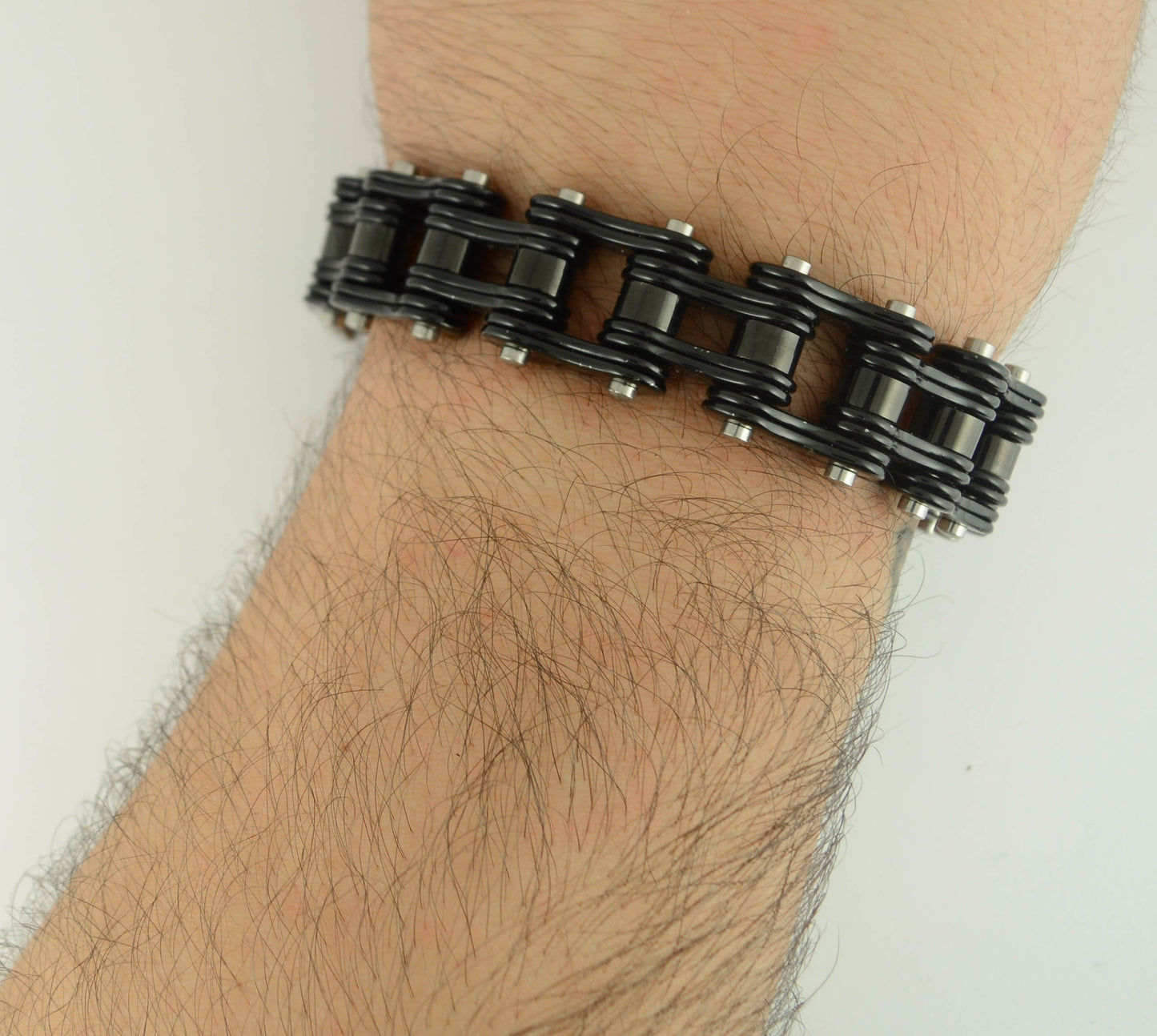All Black Powder Coat 3/4" Wide Double Link DesignUnisex Stainless Steel Motorcycle Chain Bracelet