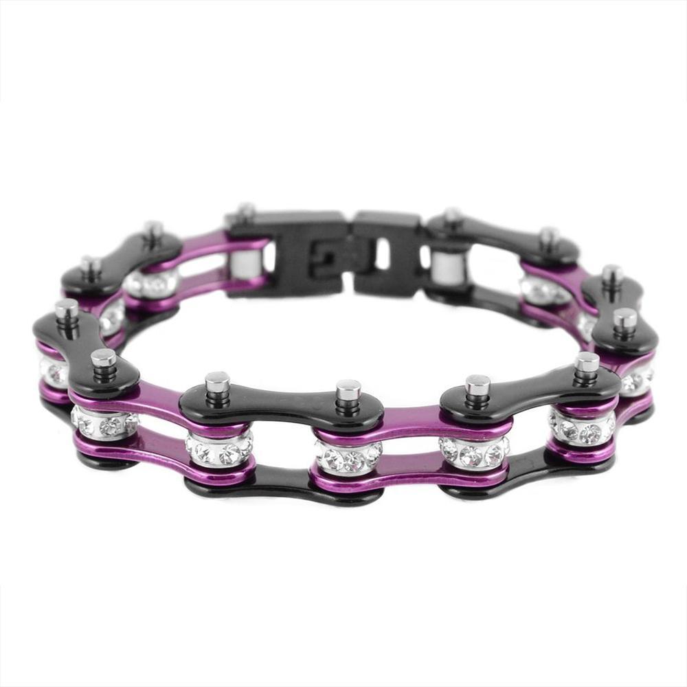 1/2" Wide Two Tone Black Purple with White Crystal Centers Stainless Steel Motorcycle Bike Chain Bracelet