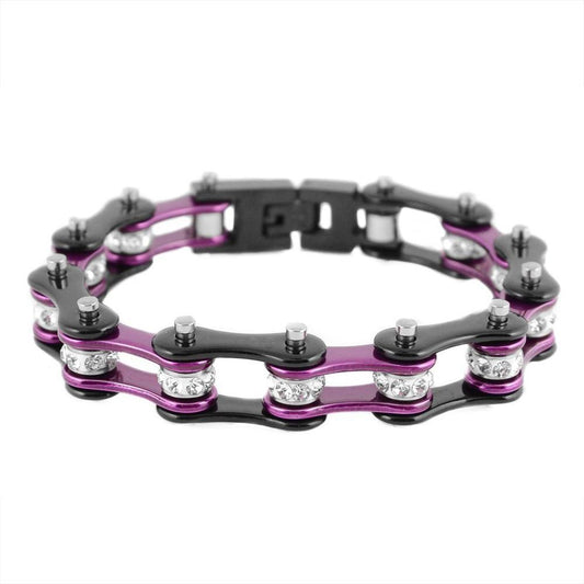 1/2" Wide Two Tone Black Purple with White Crystal Centers Stainless Steel Motorcycle Bike Chain Bracelet