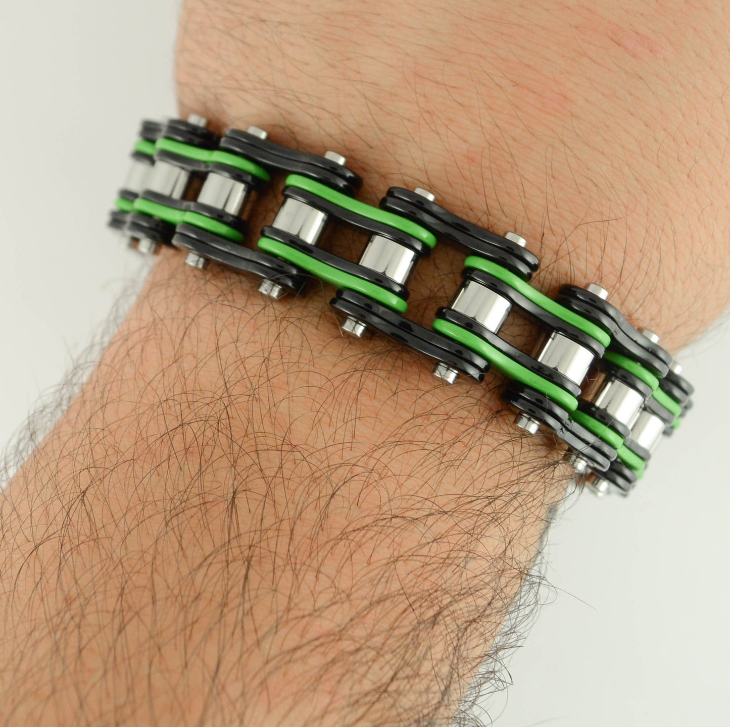 Black Green Silver 3/4" Wide Double Link DesignUnisex Stainless Steel Motorcycle Chain Bracelet