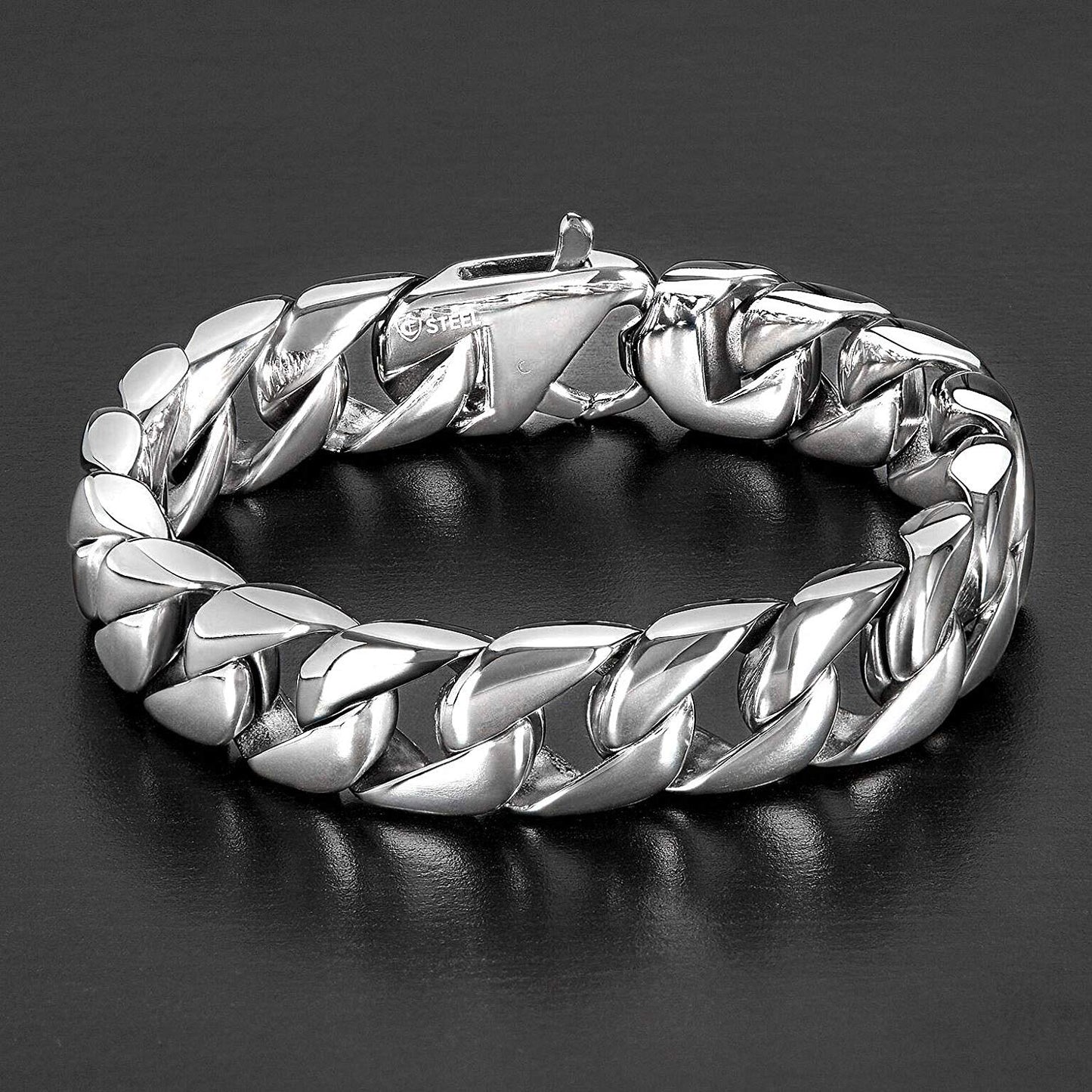 Crucible Jewelry Mens Stainless Steel Polished Curb Chain Bracelet, 8.5-Inch (15 mm), White