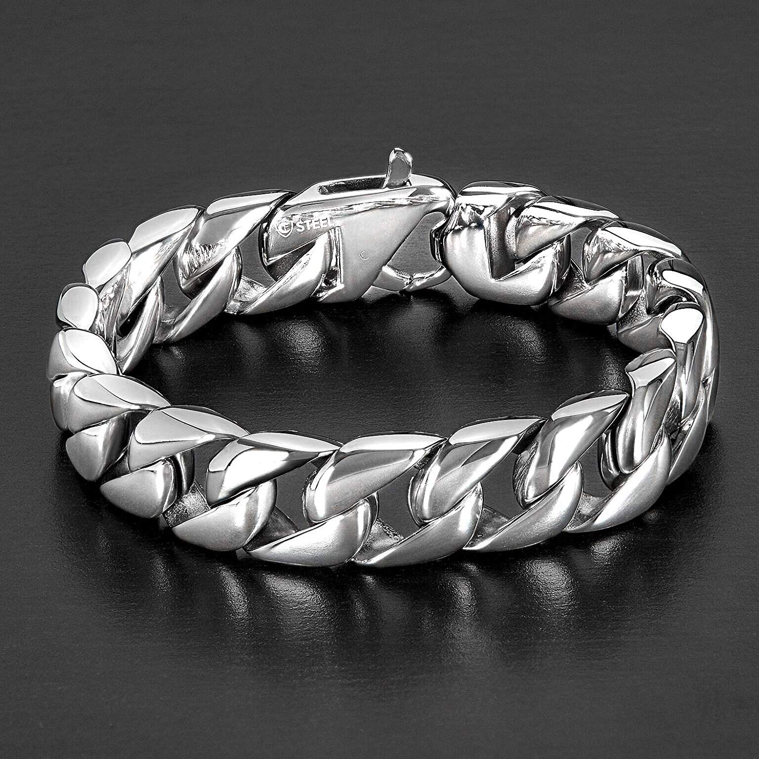 Crucible Jewelry Mens Stainless Steel Polished Curb Chain Bracelet, 8.5-Inch (15 mm), White