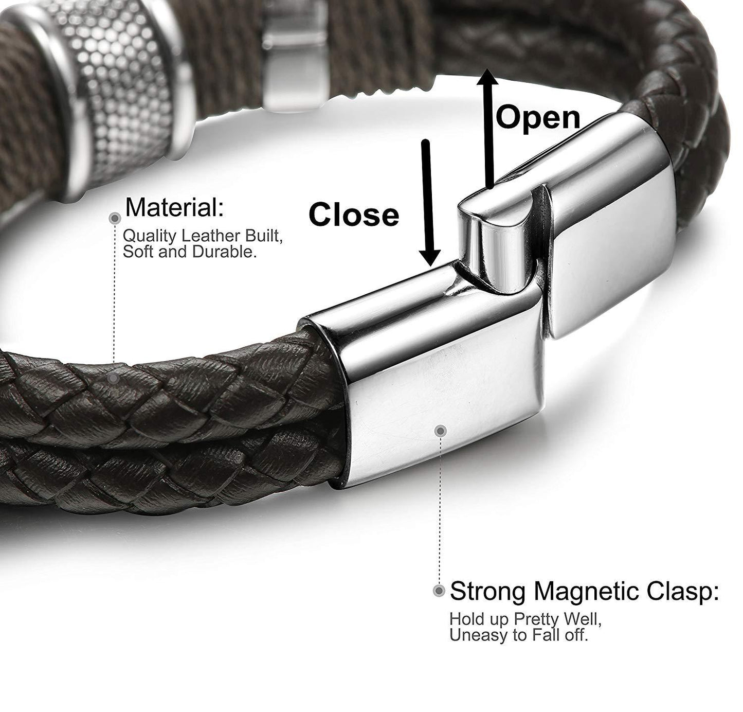 FIBO STEEL Stainless Steel Braided Leather Bracelet for Men Cuff Bracelet Magnetic Clasp 7.5-8.5 inches