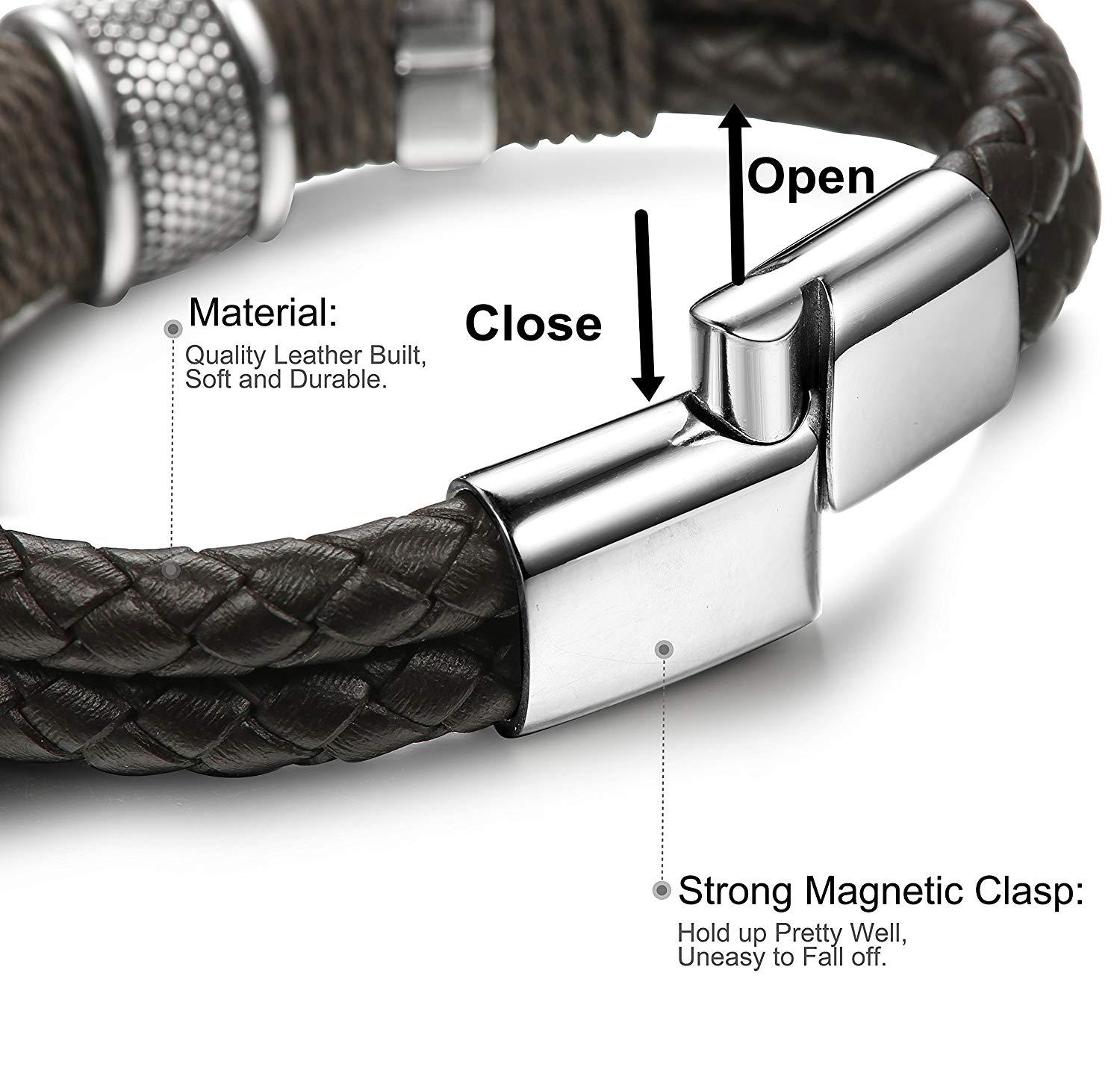 FIBO STEEL Stainless Steel Braided Leather Bracelet for Men Cuff Bracelet Magnetic Clasp 7.5-8.5 inches
