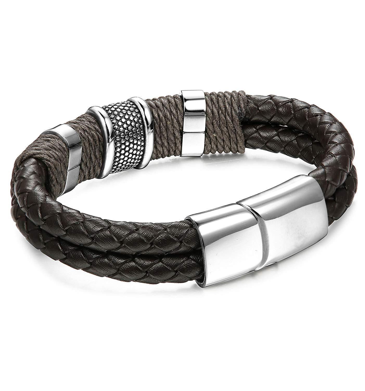 FIBO STEEL Stainless Steel Braided Leather Bracelet for Men Cuff Bracelet Magnetic Clasp 7.5-8.5 inches