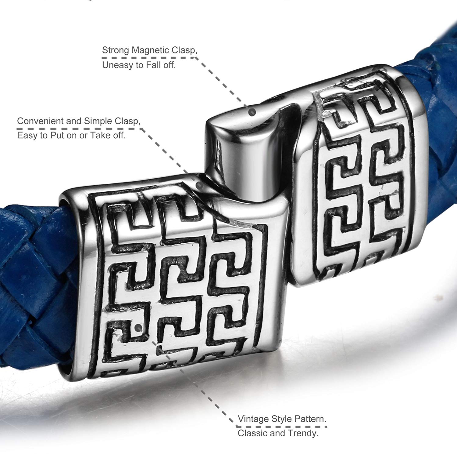 FIBO STEEL Stainless Steel Magnetic Clasp Braided Leather Bracelet for Men Cuff Bracelet 7.5-8.5 inches