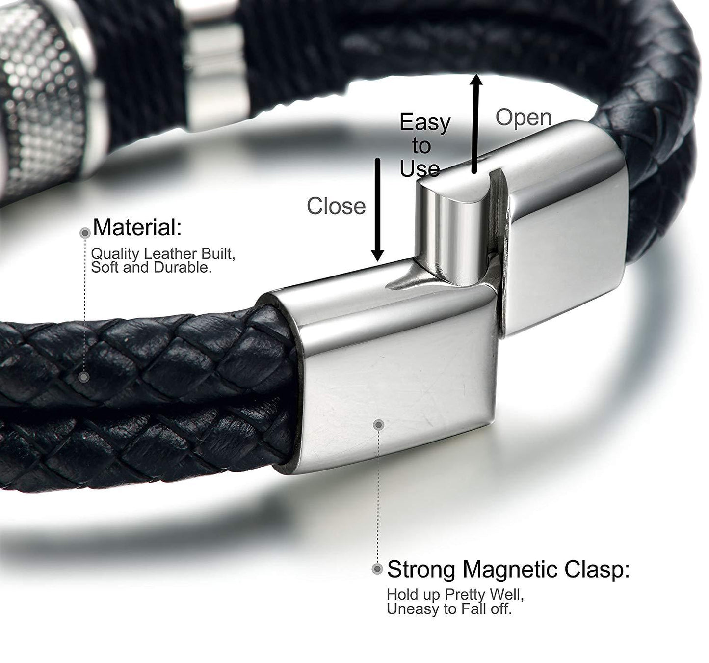 FIBO STEEL Stainless Steel Braided Leather Bracelet for Men Cuff Bracelet Magnetic Clasp 7.5-8.5 inches