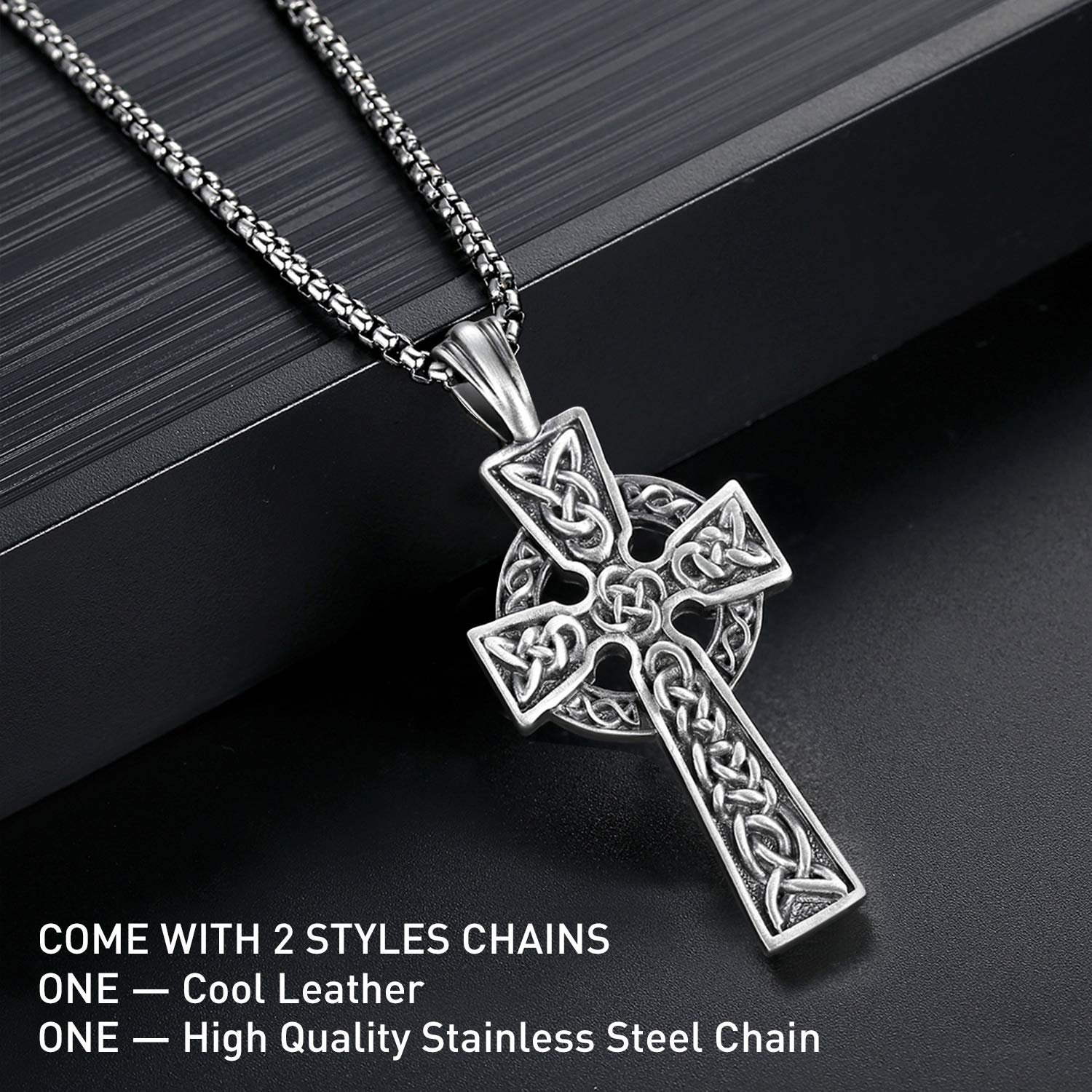 EVBEA Celtic Cross Necklace for Men Viking Irish Knot Serenity Prayer Pendant Crucifix Mens Jewelry with Black Genuine Leather Cord Chain Curb Link