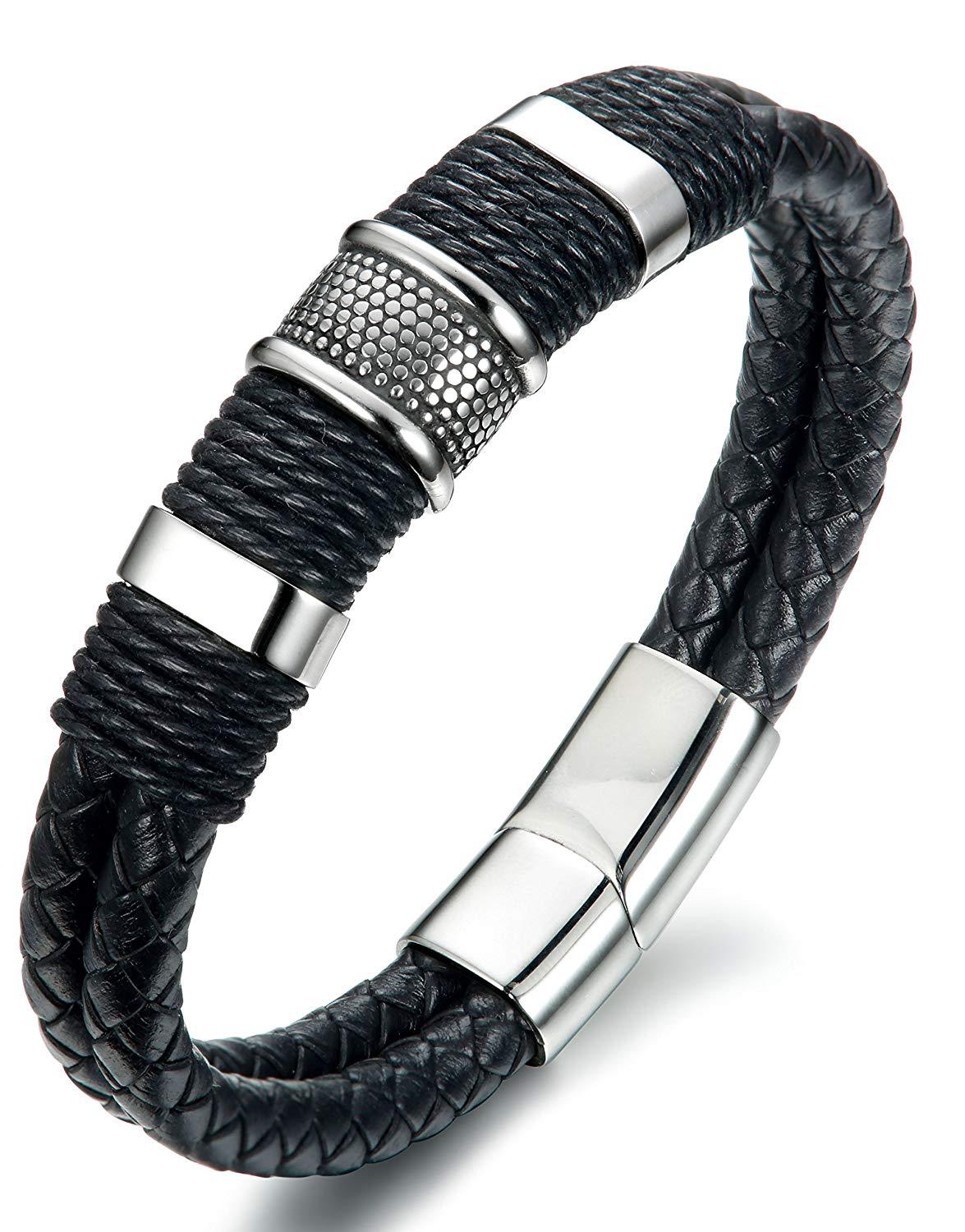 FIBO STEEL Stainless Steel Braided Leather Bracelet for Men Cuff Bracelet Magnetic Clasp 7.5-8.5 inches