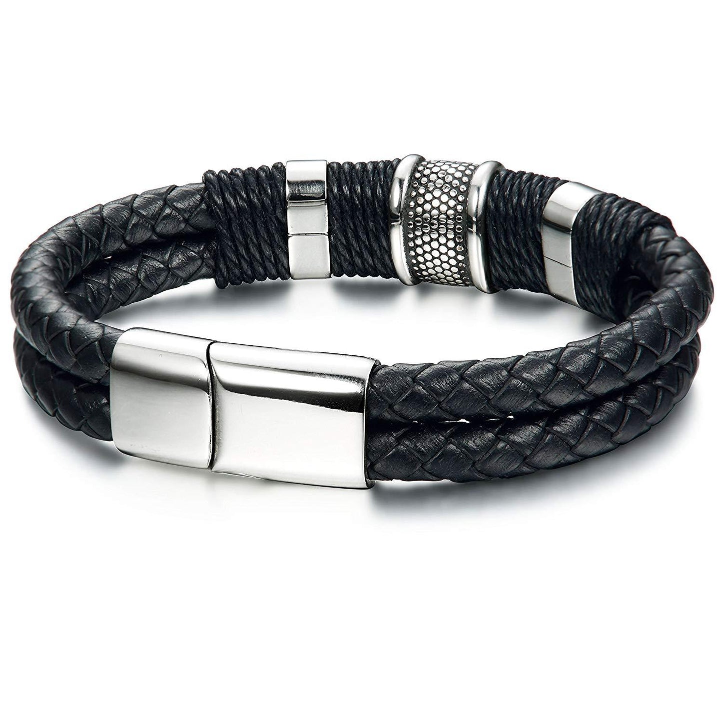 FIBO STEEL Stainless Steel Braided Leather Bracelet for Men Cuff Bracelet Magnetic Clasp 7.5-8.5 inches