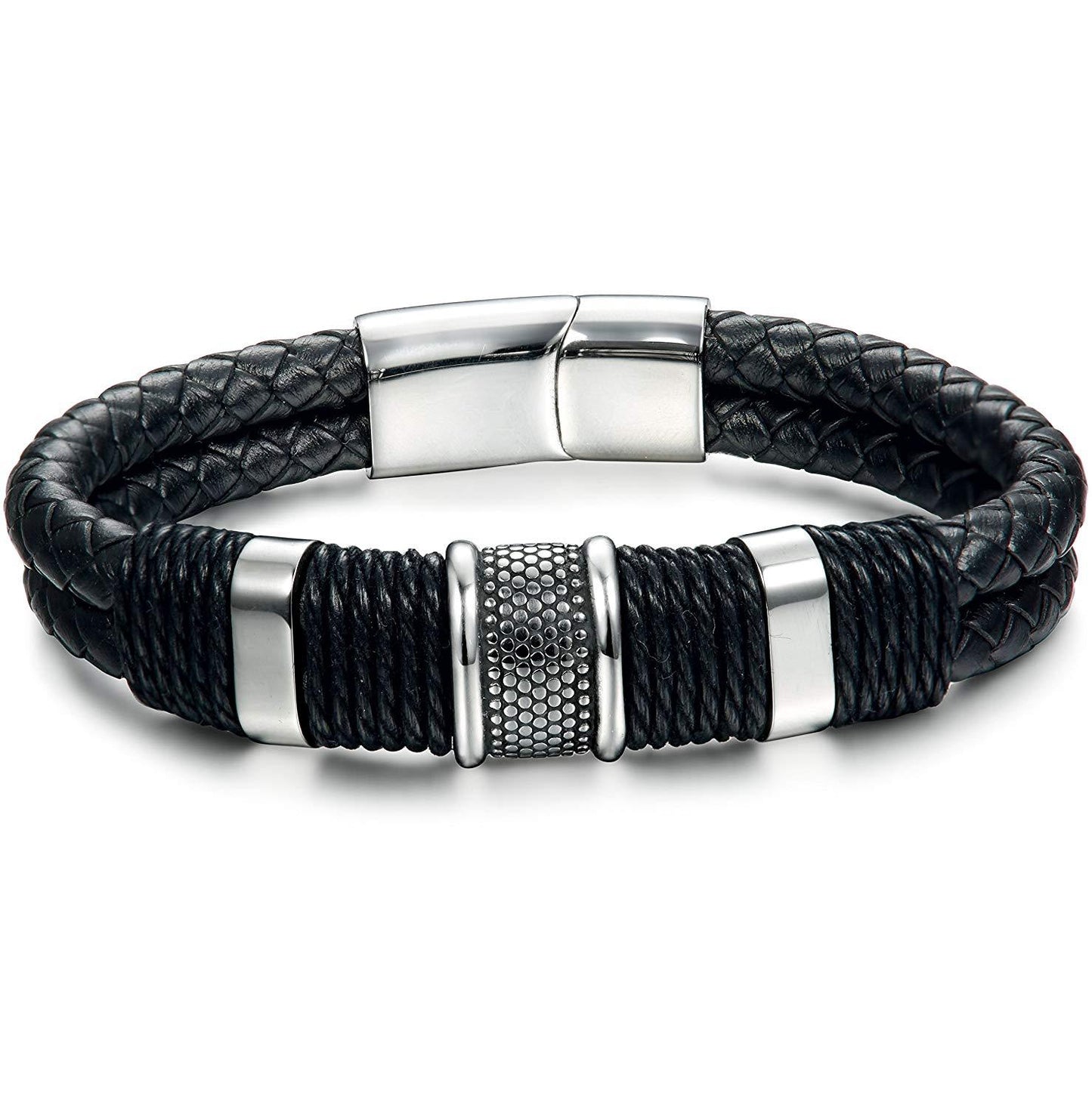 FIBO STEEL Stainless Steel Braided Leather Bracelet for Men Cuff Bracelet Magnetic Clasp 7.5-8.5 inches