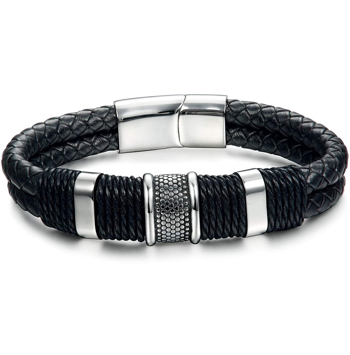 FIBO STEEL Stainless Steel Braided Leather Bracelet for Men Cuff Bracelet Magnetic Clasp 7.5-8.5 inches