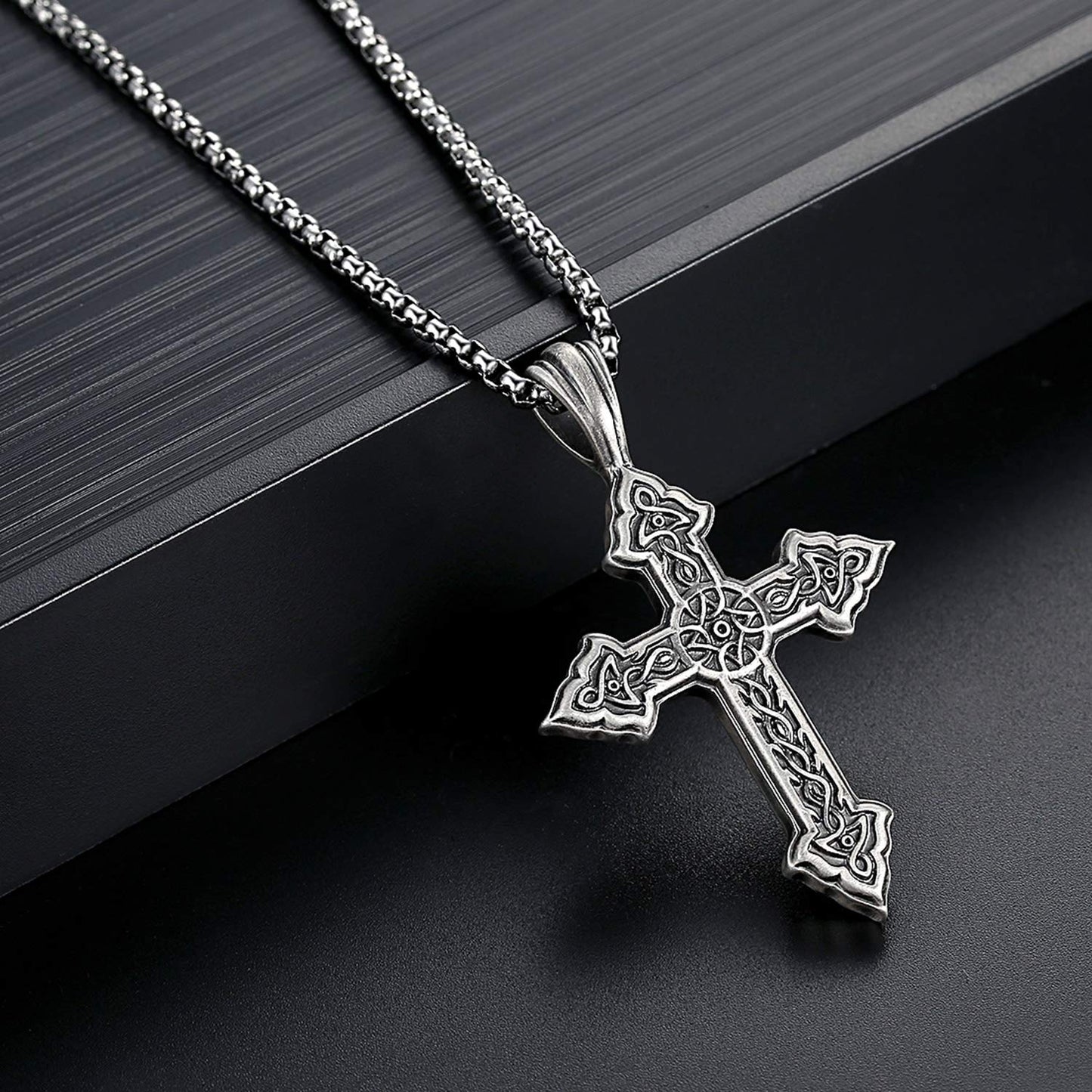 EVBEA Celtic Cross Necklace for Men Viking Irish Knot Serenity Prayer Pendant Crucifix Mens Jewelry with Black Genuine Leather Cord Chain Curb Link