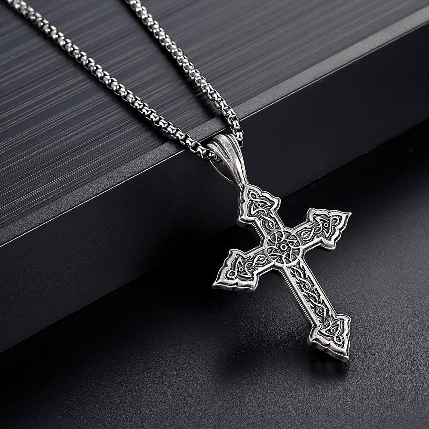 EVBEA Celtic Cross Necklace for Men Viking Irish Knot Serenity Prayer Pendant Crucifix Mens Jewelry with Black Genuine Leather Cord Chain Curb Link