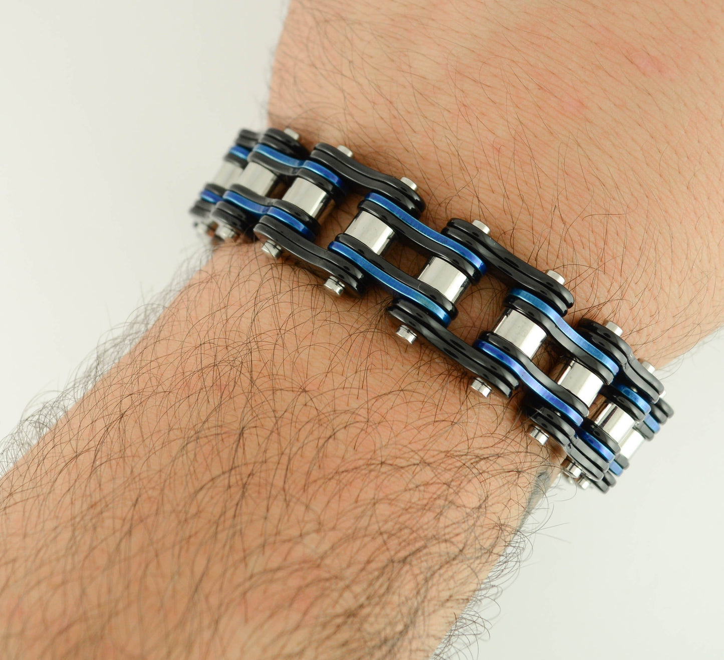 Tri-Color Black Blue Silver 3/4" Wide Double Link DesignUnisex Stainless Steel Motorcycle Chain Bracelet