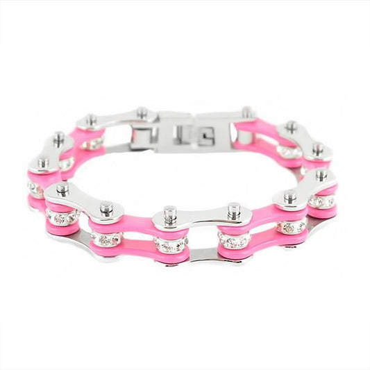 1/2" Wide Two Tone Silver Pink with White Crystal Rollers Stainless Steel Motorcycle Bike Chain Bracelet