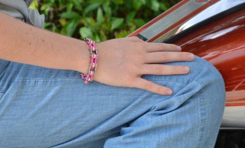 1/2" Wide Two Tone Silver Pink with White Crystal Rollers Stainless Steel Motorcycle Bike Chain Bracelet