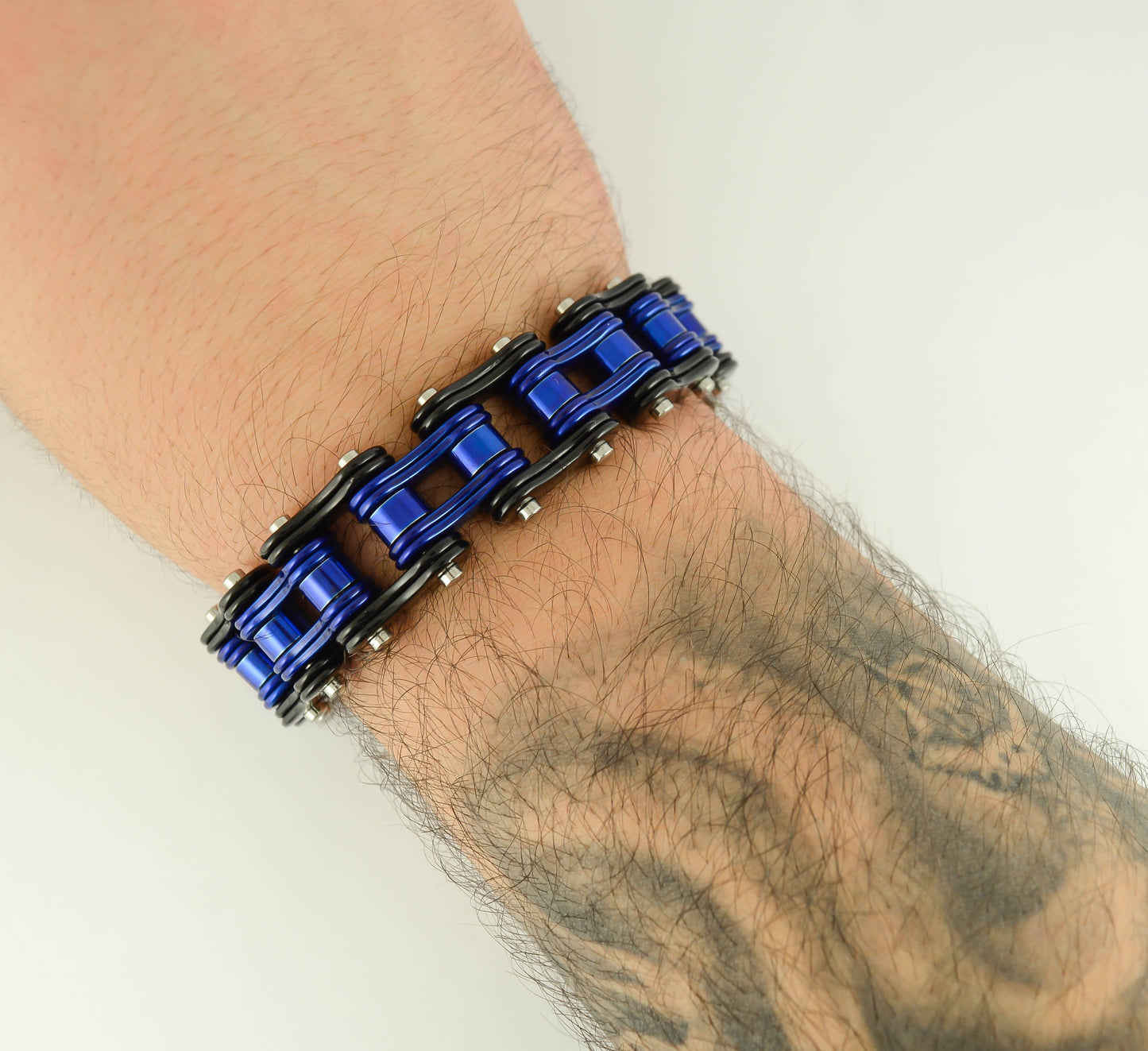 Two Tone Black Blue Police Special 3/4" Wide Double Link DesignUnisex Stainless Steel Motorcycle Chain Bracelet