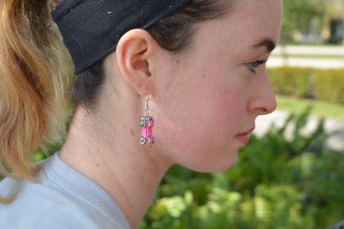 Two Tone Silver Pink Crystal Centers Bike Chain Earrings Stainless Steel Motorcycle Biker Jewelry