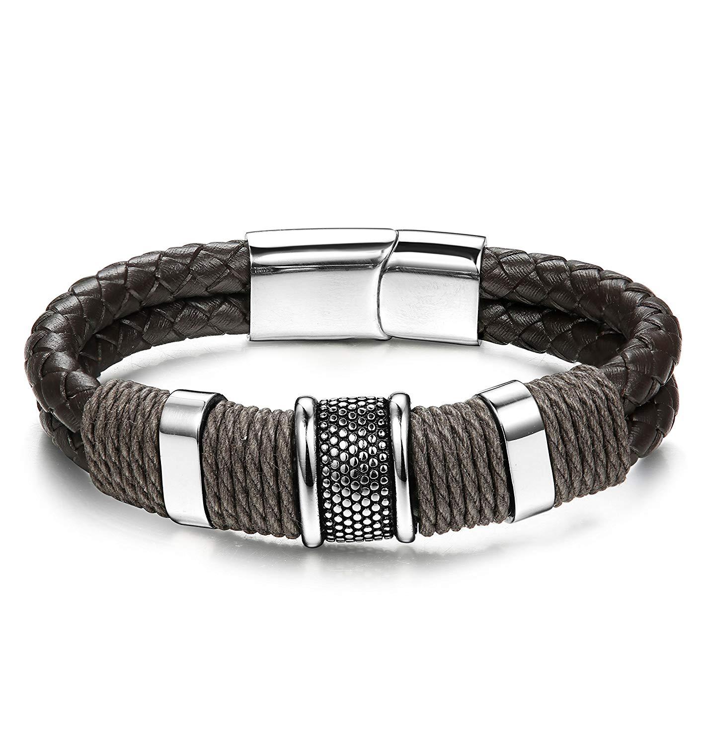 FIBO STEEL Stainless Steel Braided Leather Bracelet for Men Cuff Bracelet Magnetic Clasp 7.5-8.5 inches