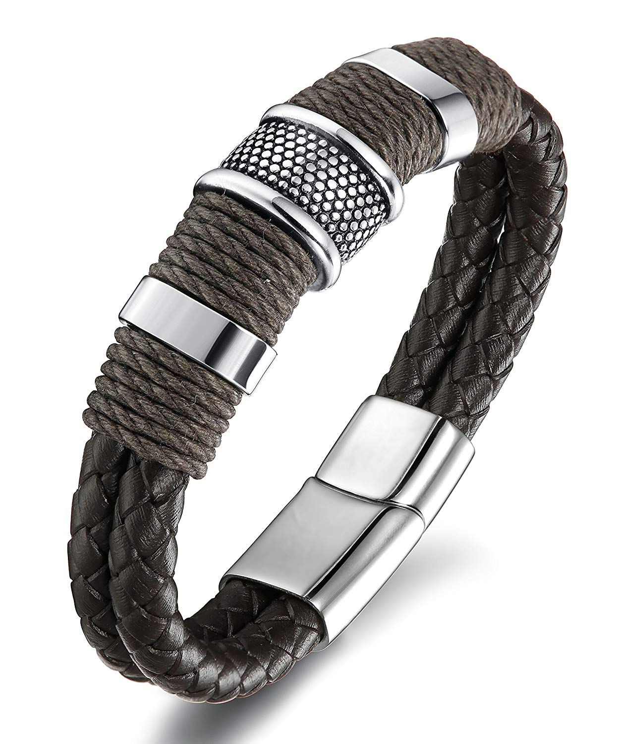 FIBO STEEL Stainless Steel Braided Leather Bracelet for Men Cuff Bracelet Magnetic Clasp 7.5-8.5 inches