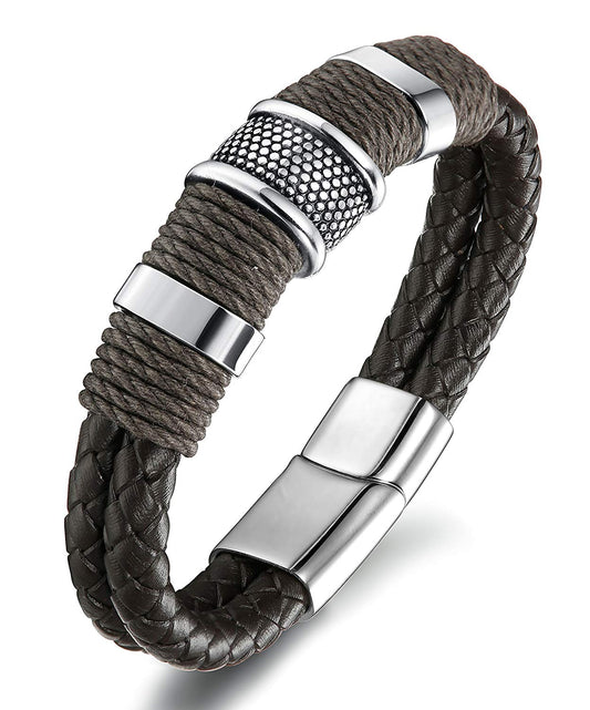 FIBO STEEL Stainless Steel Braided Leather Bracelet for Men Cuff Bracelet Magnetic Clasp 7.5-8.5 inches