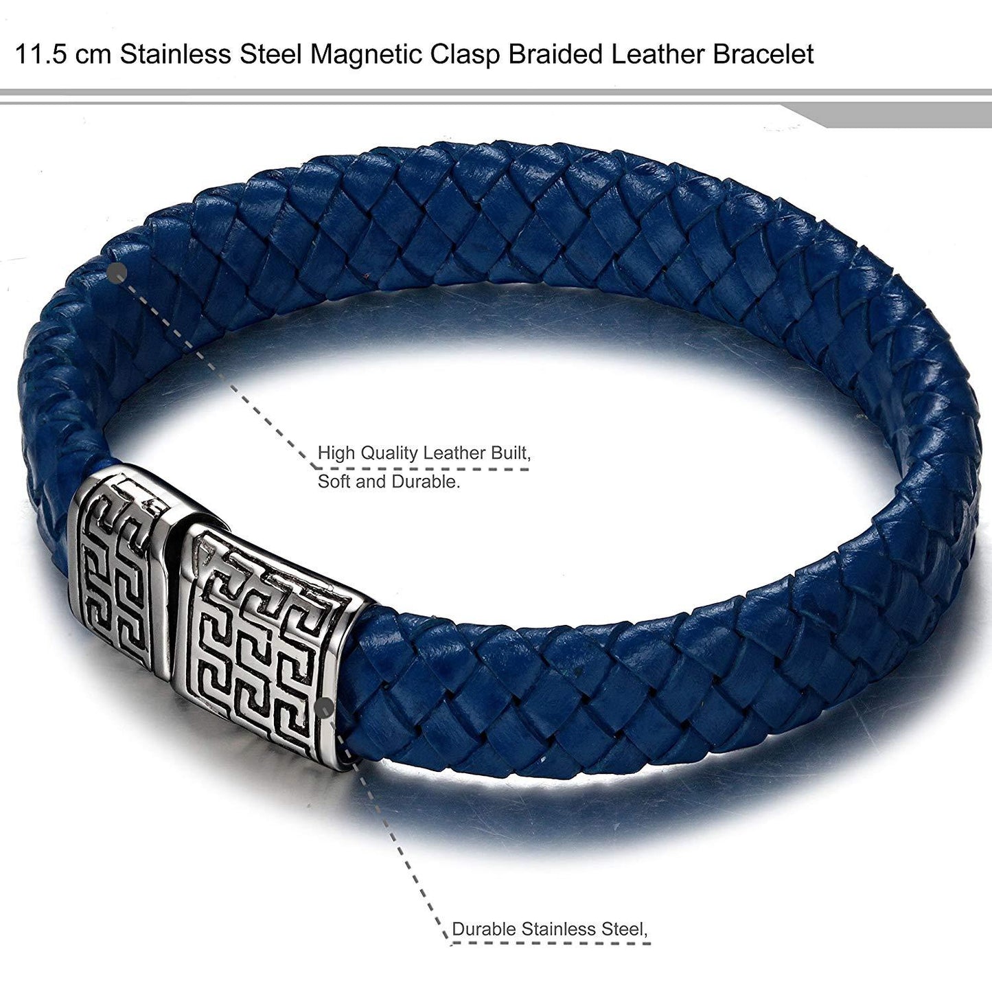 FIBO STEEL Stainless Steel Magnetic Clasp Braided Leather Bracelet for Men Cuff Bracelet 7.5-8.5 inches